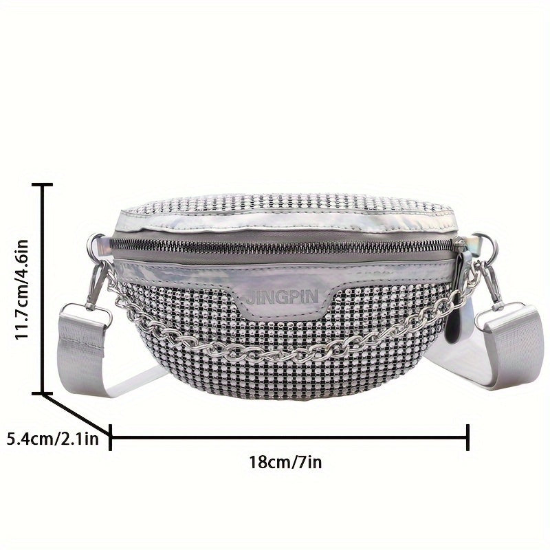 Glittering Rhinestone Fanny Pack with Chain Detail - Stylish Women’s Crossbody Waist Bag, White, Adjustable Strap, Zipper Closure, Perfect for Casual or Festive Occasions, Versatile Crossbody | Rhinestone Embellished | Adju